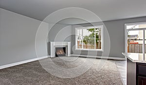 Grey house interior of living room with firwplace and carpet floor.