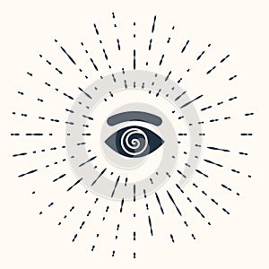 Grey Hypnosis icon isolated on beige background. Human eye with spiral hypnotic iris. Abstract circle random dots