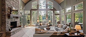 Grey interior of high vaulted ceiling family room in luxury house with fireplace