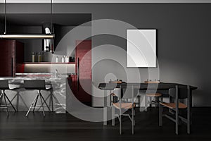 Grey kitchen interior with dining table and chais, cooking area. Mockup frame