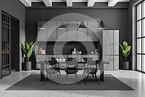 Grey kitchen interior with eating table and seats, panoramic window