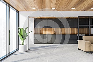 Grey kitchen and living room with beige sofa