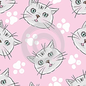 Grey kitten and paws on pink background, cute cat vector illustration seamless pattern, children print design,