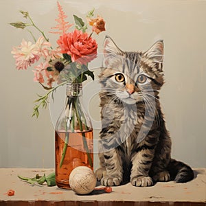 Grey Kitten Sitting Near Vase: A Celebration Of Rural Life