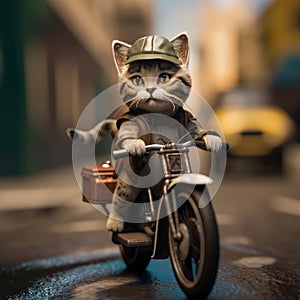 Grey kitty in a cap driving a motorbike. Cute cat in a leather vest riding motorcycle in the city. Blurred backdrop. Generative AI