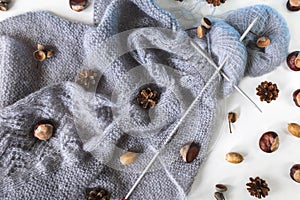 Grey knit work with needles and yarn balls with chestnuts, pine cones, acorns