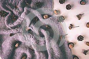 Grey knitwork with lace ornament covered with chestnuts, pine cones, acorns on a light background