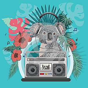 Grey koala with boombox