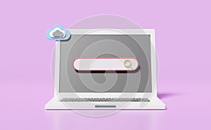 Grey laptop computer monitor with blank search bar, magnifying glass, cloud isolated on purple background. minimal web search