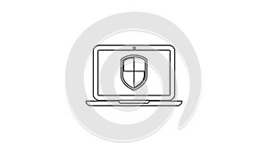 Grey Laptop protected with shield symbol line icon on white background. Internet security concept. PC security, firewall