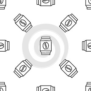 Grey line Bag of coffee beans icon isolated seamless pattern on white background. Vector