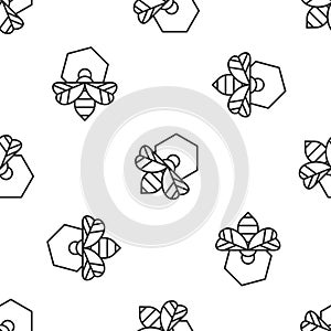 Grey line Bee and honeycomb icon isolated seamless pattern on white background. Honey cells. Honeybee or apis with wings