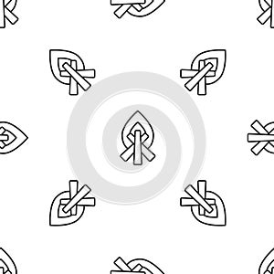 Grey line Campfire icon isolated seamless pattern on white background. Burning bonfire with wood. Vector Illustration