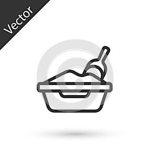 Grey line Cat litter tray with shovel icon isolated on white background. Sandbox cat with shovel. Vector