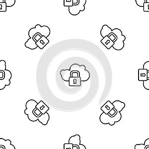 Grey line Cloud computing lock icon isolated seamless pattern on white background. Security, safety, protection concept