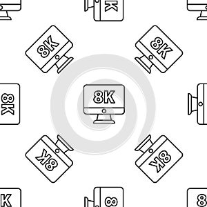 Grey line Computer PC monitor display with 8k video technology icon isolated seamless pattern on white background