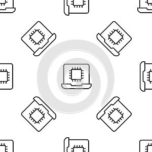 Grey line Computer processor with microcircuits CPU icon isolated seamless pattern on white background. Chip or cpu with