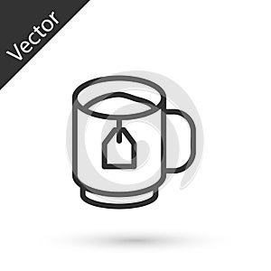 Grey line Cup of tea with tea bag icon isolated on white background. Vector
