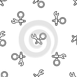 Grey line Debugging icon isolated seamless pattern on white background. Debugging tool. Magnifying glass on bug