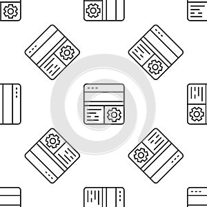 Grey line Debugging icon isolated seamless pattern on white background. Debugging tool. Magnifying glass on bug