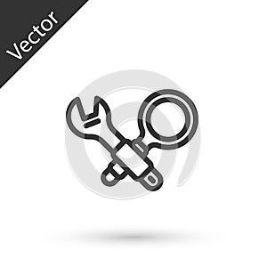 Grey line Debugging icon isolated on white background. Debugging tool. Magnifying glass on bug programming. Testing and