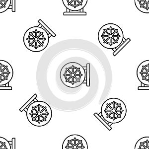 Grey line Dharma wheel icon isolated seamless pattern on white background. Buddhism religion sign. Dharmachakra symbol