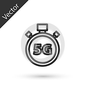 Grey line Digital speed meter concept with 5G icon isolated on white background. Global network high speed connection