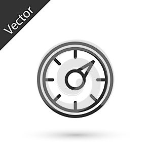 Grey line Digital speed meter concept with 5G icon isolated on white background. Global network high speed connection