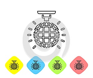 Grey line Disco ball icon isolated on white background. Set icons in color rhombus buttons. Vector