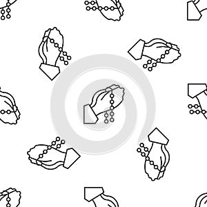 Grey line Hands in praying position with rosary icon isolated seamless pattern on white background. Praying hand islam