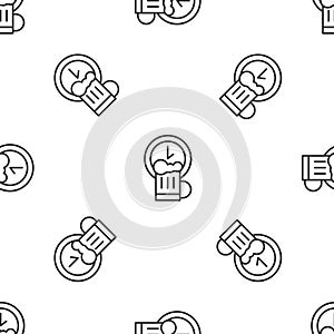 Grey line Happy hour with wooden beer mug icon isolated seamless pattern on white background. Vector