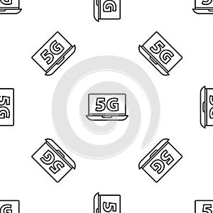 Grey line Laptop with 5G new wireless internet wifi icon isolated seamless pattern on white background. Global network