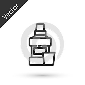 Grey line Mouthwash plastic bottle and glass icon isolated on white background. Liquid for rinsing mouth. Oralcare