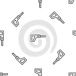 Grey line Reciprocating saw and saw blade icon isolated seamless pattern on white background. Vector