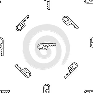 Grey line Reciprocating saw and saw blade icon isolated seamless pattern on white background. Vector