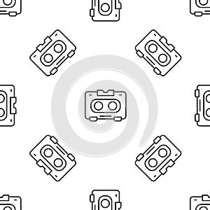 Grey line Retro audio cassette tape icon isolated seamless pattern on white background. Vector