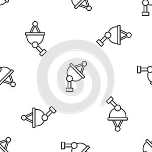 Grey line Satellite dish icon isolated seamless pattern on white background. Radio antenna, astronomy and space research