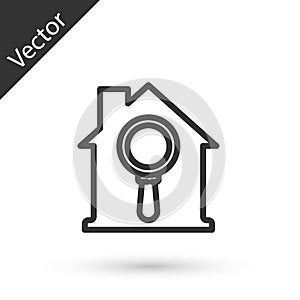 Grey line Search house icon isolated on white background. Real estate symbol of a house under magnifying glass. Vector