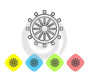 Grey line Ship steering wheel icon isolated on white background. Set icons in color rhombus buttons. Vector