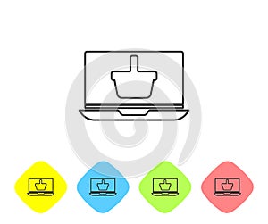Grey line Shopping basket on screen laptop icon isolated on white background. Concept e-commerce, e-business, online