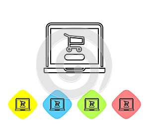 Grey line Shopping cart on screen laptop icon isolated on white background. Concept e-commerce, e-business, online