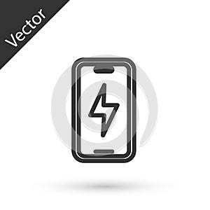 Grey line Smartphone charging battery icon isolated on white background. Phone with a low battery charge. Vector