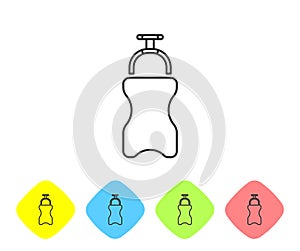 Grey line Sport bottle with water icon isolated on white background. Set icons in color rhombus buttons. Vector