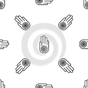 Grey line Symbol of Jainism or Jain Dharma icon isolated seamless pattern on white background. Religious sign. Symbol of