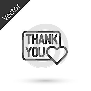 Grey line Thank you with heart icon isolated on white background. Handwritten lettering. Vector