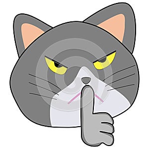 A grey little cat character holding hand near mouth silence. Shh symbol