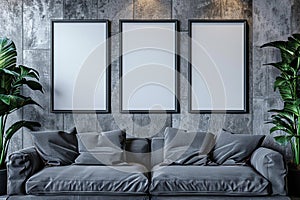 Grey living room with couch and set of three empty frames for wall art mock up. Modern loft interior.