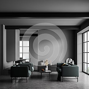 Grey living room with green furniture and beam ceiling