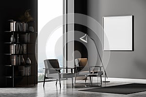 Grey living room interior with armchair and bookshelf, square mock up