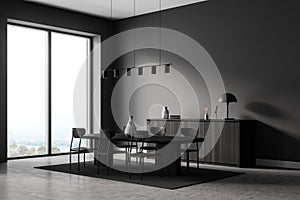 Grey living room interior with black furniture, decoration and window